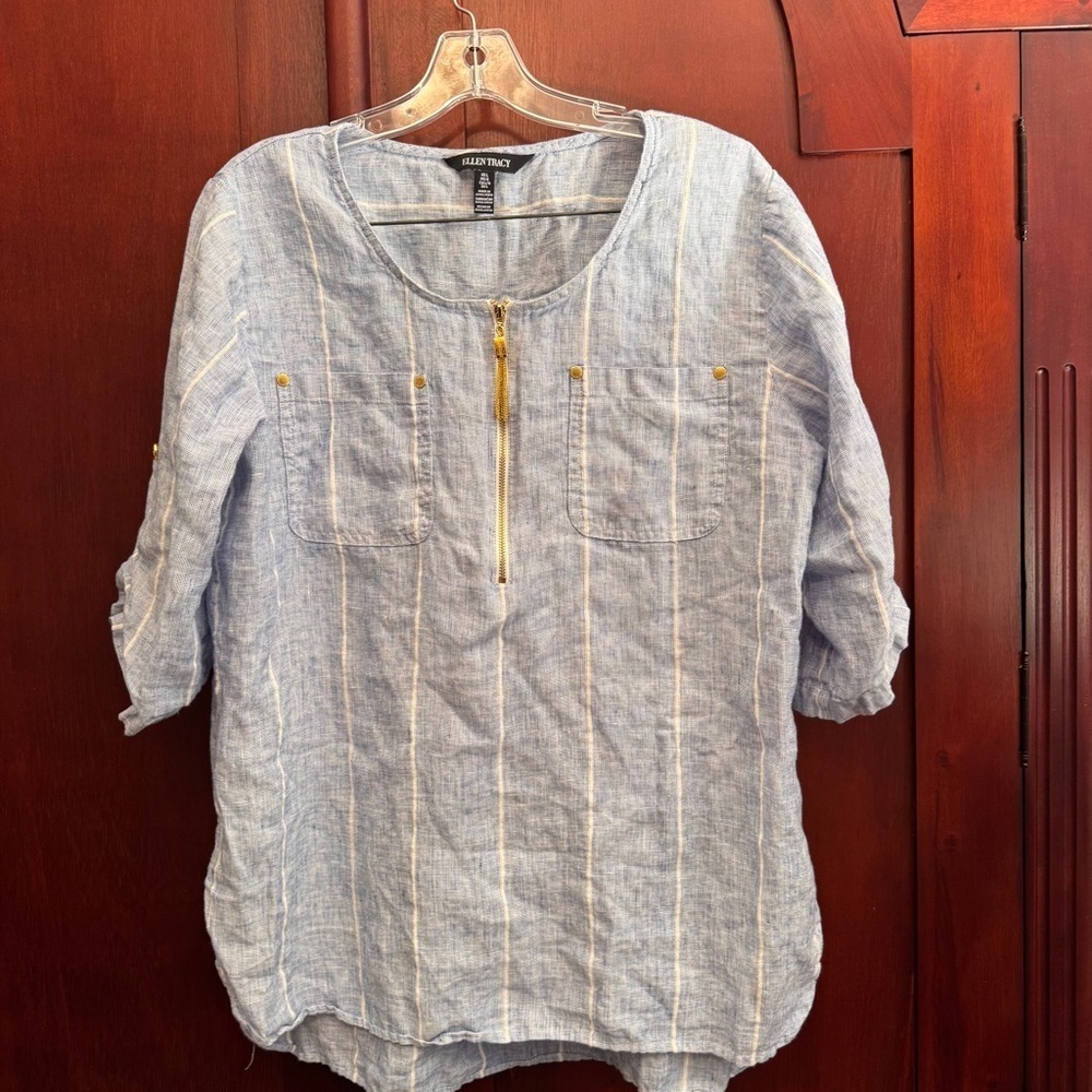 Ellen Tracy 100% Linen Blue Striped Shirt size Large